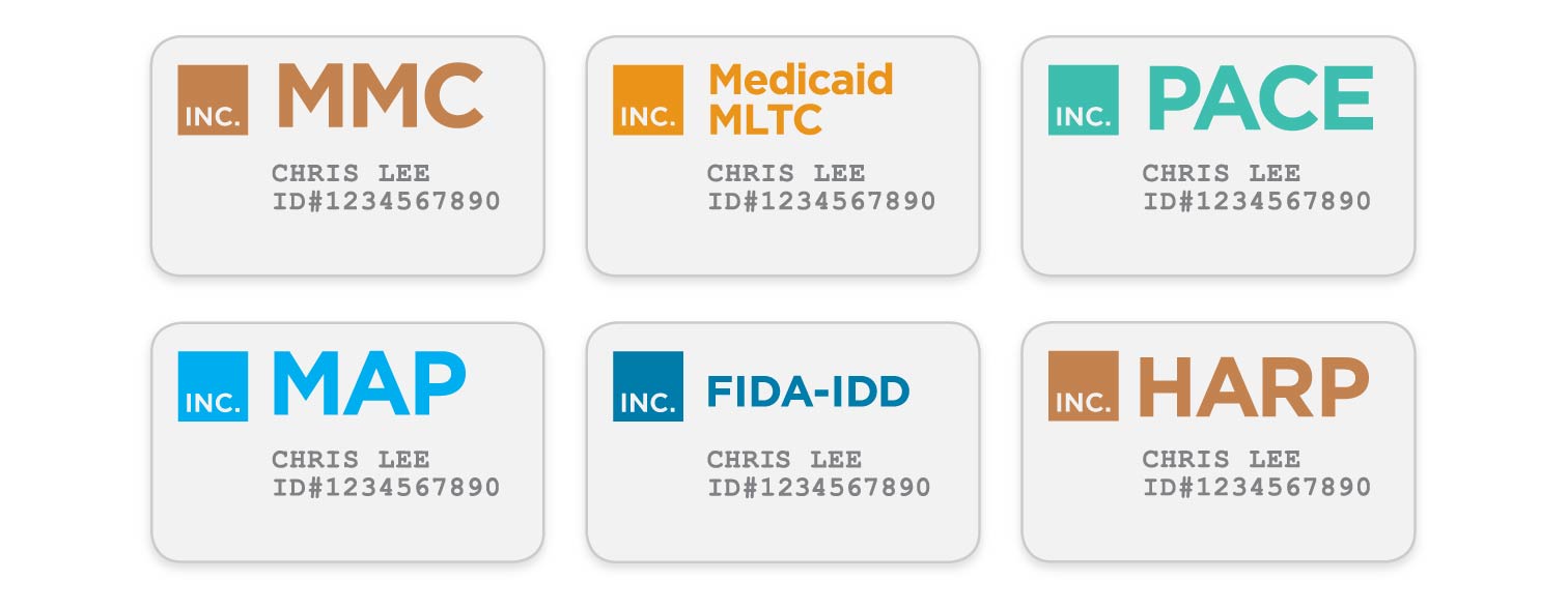Representations of health insurance member ID cards: MMC, Medicaid MLTC, PACE, MAP, FIDA-IDD, and HARP