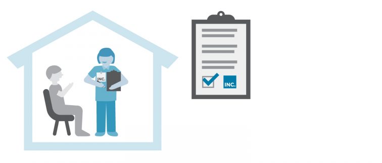 Ilustracja przedstawiająca wizytę domową agenta programu ubezpieczeniowego z formularzem rejestracji. 