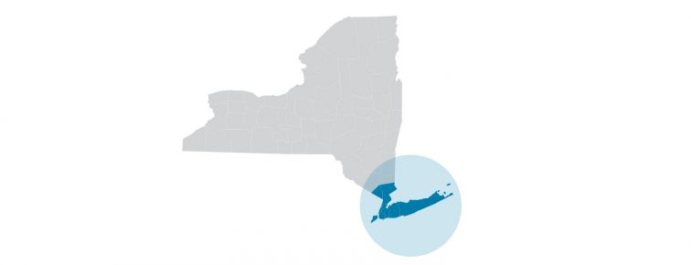 Mapa stanu Nowy Jork z zaznaczeniem miasta Nowy Jork oraz okręgów Nassau, Rockland, Suffolk oraz Westchester. 